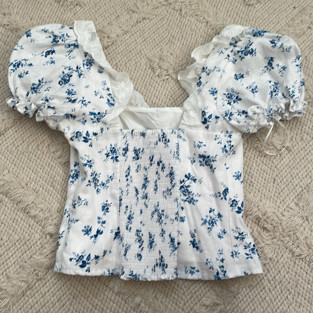 New Reformation Alice Lace Trim Puff Sleeve Crop Top - Picture 6 of 7